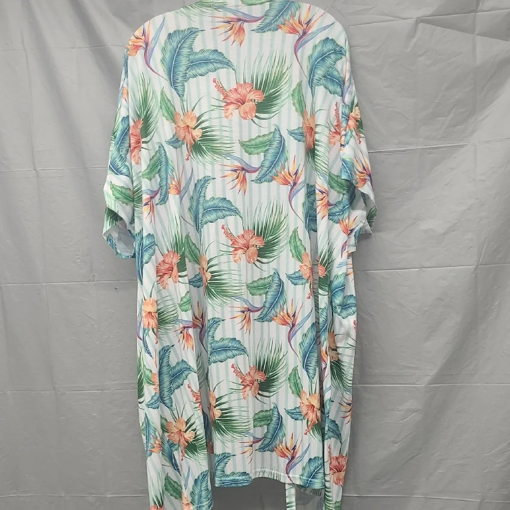 Floral Kimono Cardigan Open Front Hibiscus Bird Of Paradise Print Wrap White